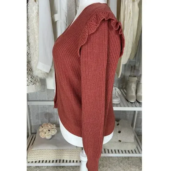 Marled Reunited Clothing Women's Sz L Mauve Ruffle Shoulder Cardigan #0378 - Picture 4 of 11